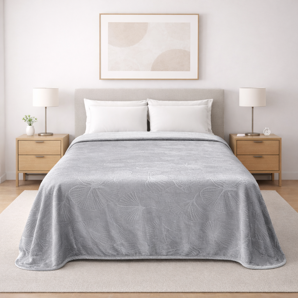 Cobertor Silk Embozado Matrimonial Plata Abanicos Cobertor