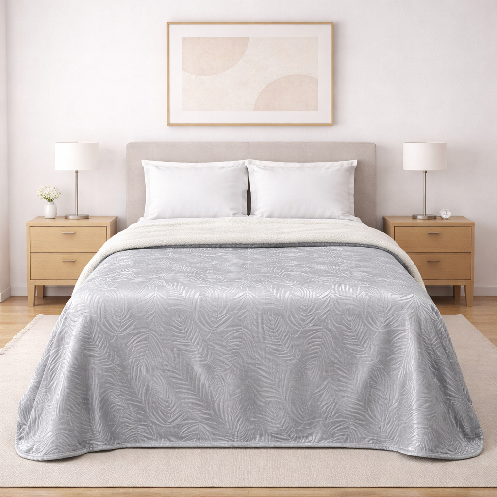 Cobertor Silk Embozado Matrimonial Plata Hojas Cobertor