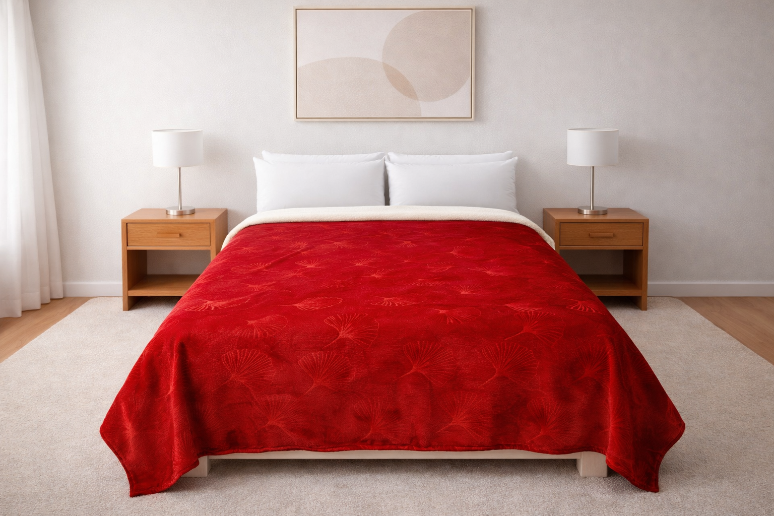 Cobertor Silk Embozado Matrimonial Rojo Hojas Cobertor