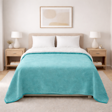 Cobertor Silk Embozado Matrimonial Azúl Abanicos Cobertor