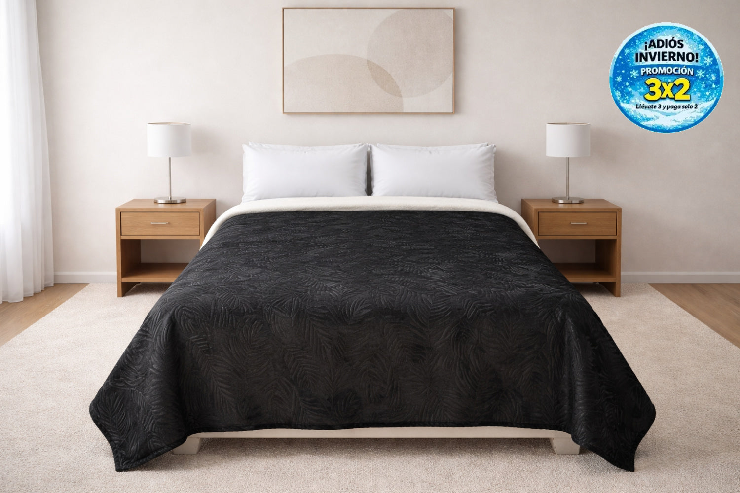 Cobertor Silk Embozado Matrimonial Negro Hojas Cobertor