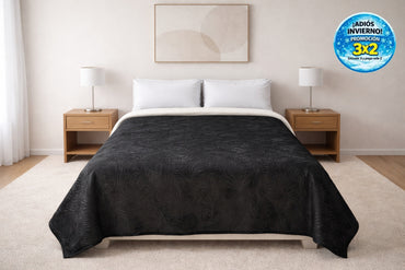 Cobertor Silk Embozado Matrimonial Negro Hojas Cobertor