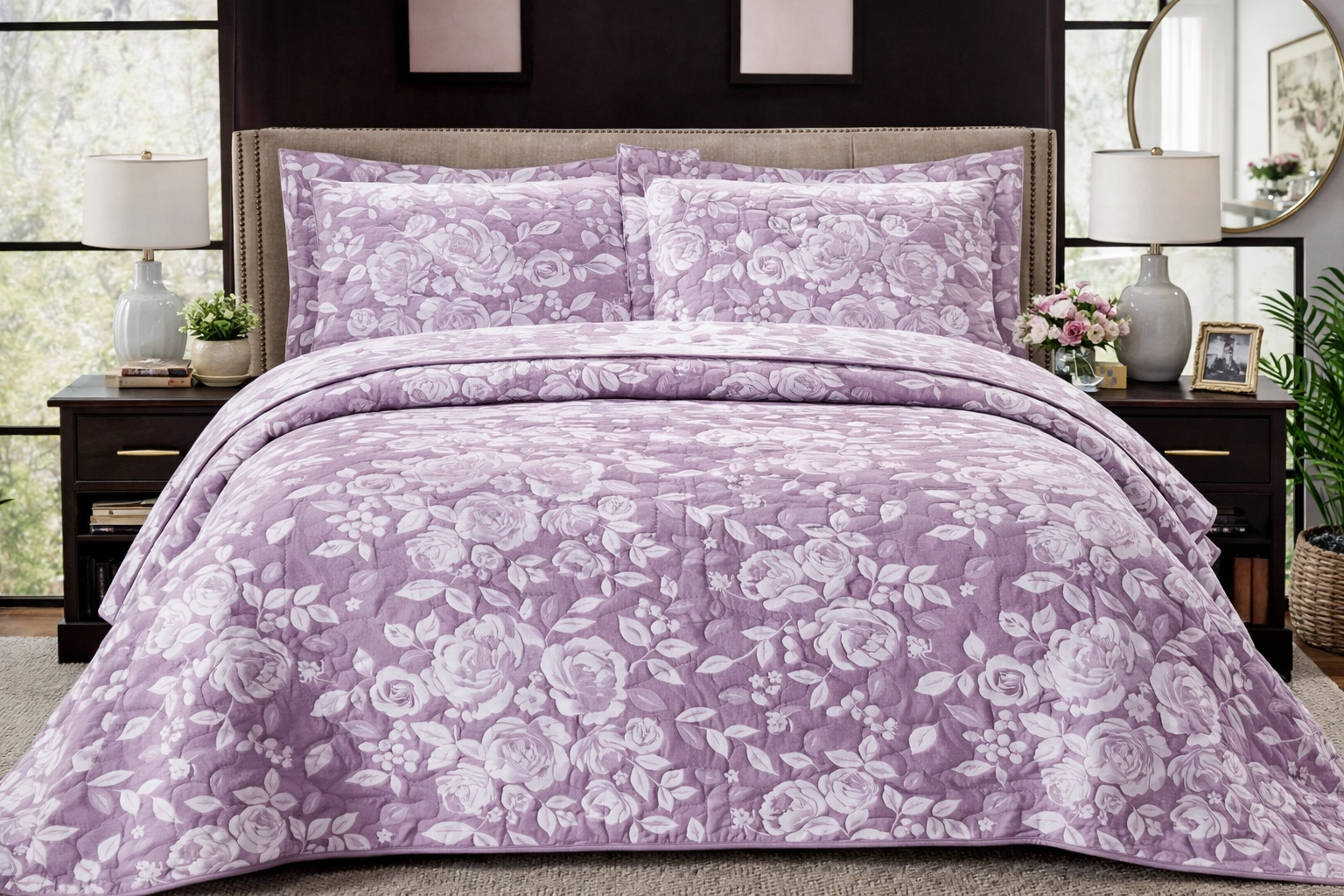 Colcha Matrimonial Lisboa Rosas Lila